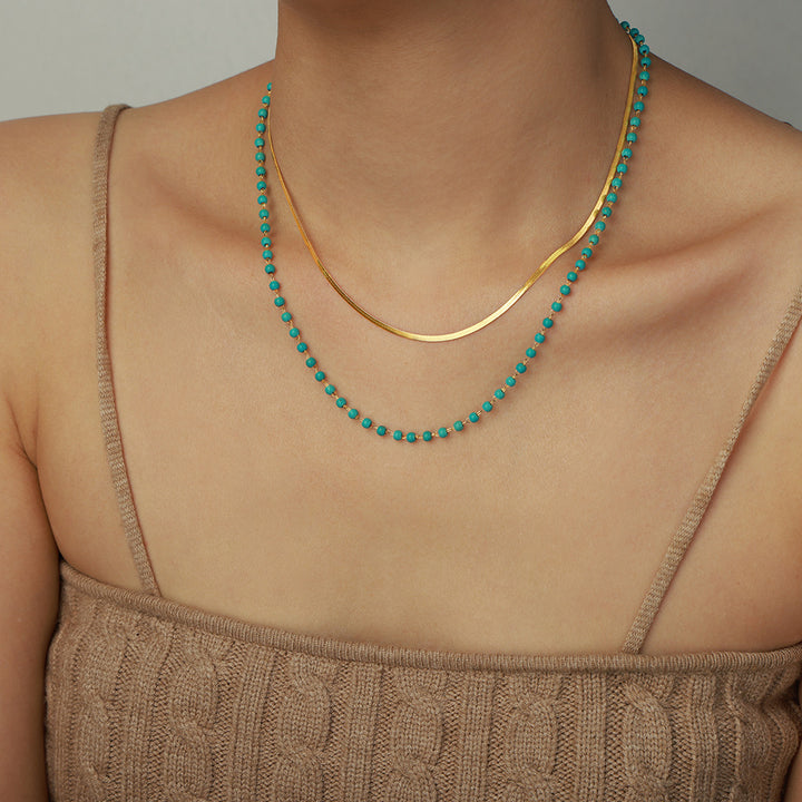 Natural Turquoise Handcrafted Beaded Double-Layer Gold Necklace