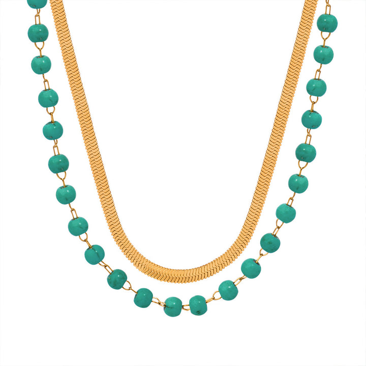 Natural Turquoise Handcrafted Beaded Double-Layer Gold Necklace