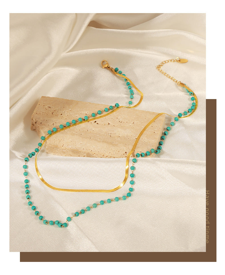 Natural Turquoise Handcrafted Beaded Double-Layer Gold Necklace