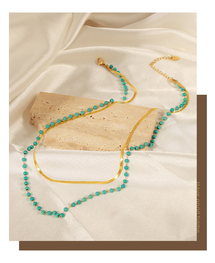 Natural Turquoise Handcrafted Beaded Double-Layer Gold Necklace