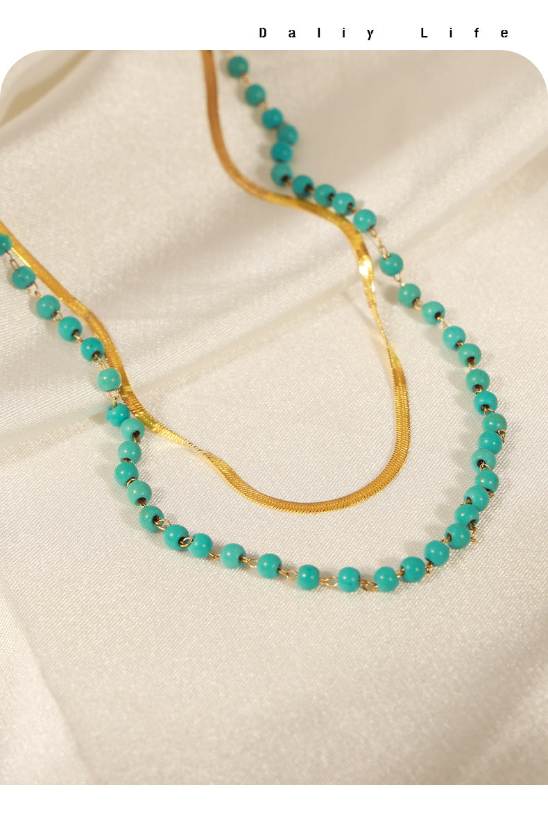 Natural Turquoise Handcrafted Beaded Double-Layer Gold Necklace