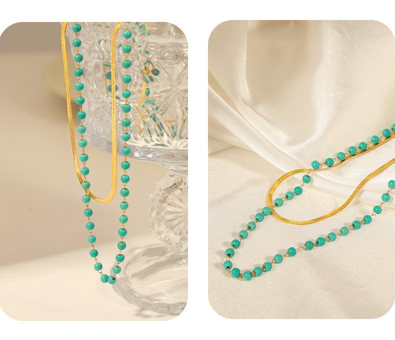 Natural Turquoise Handcrafted Beaded Double-Layer Gold Necklace