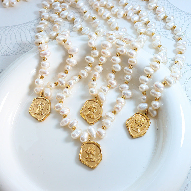 French Portrait Medallion & Freshwater Pearl Gold Necklace