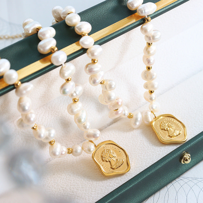 French Portrait Medallion & Freshwater Pearl Gold Necklace