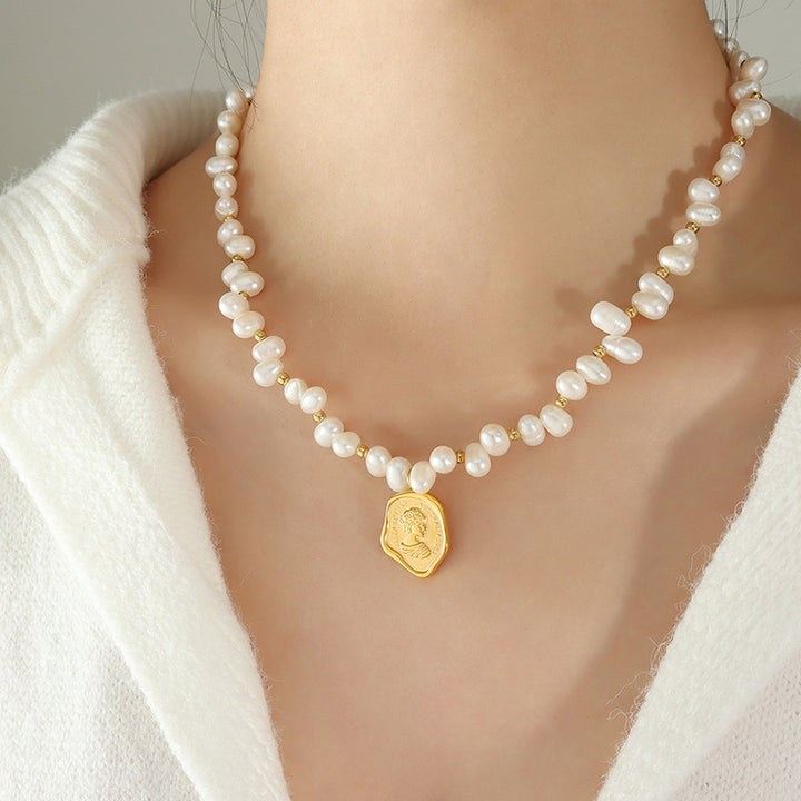 French Portrait Medallion & Freshwater Pearl Gold Necklace