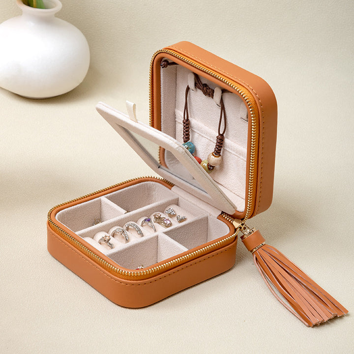 Portable Travel Double-Layered Jewelry Organizer with Mirror Storage Case