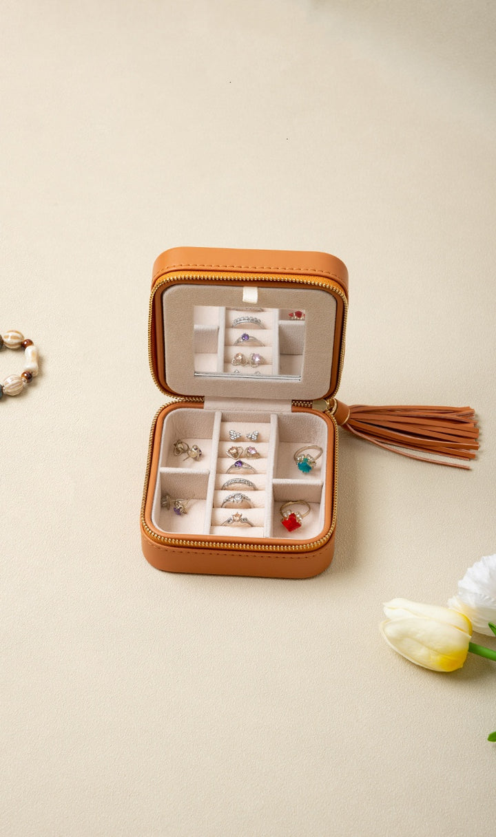 Portable Travel Double-Layered Jewelry Organizer with Mirror Storage Case