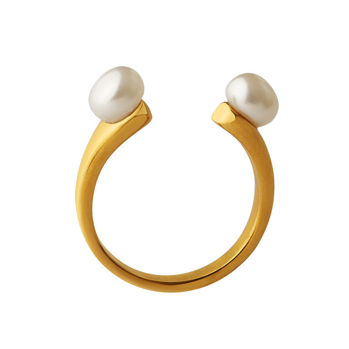 Gold U-Shaped Open Ring with Pearl Inset