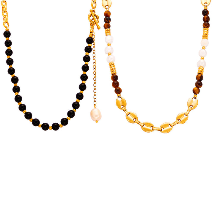 Gold Natural Tiger's Eye and Freshwater Pearl Handcrafted Beaded Necklace