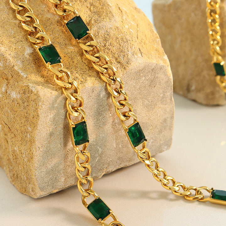 New Cuban Style Chunky Chain Diamond Inlay Necklace and Bracelet Set