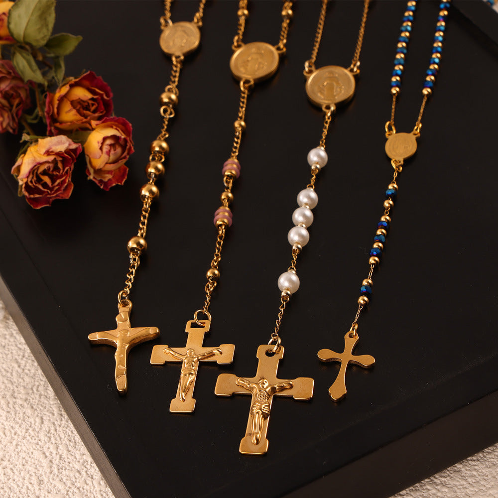 Embossed Round Cross Pendant Necklace