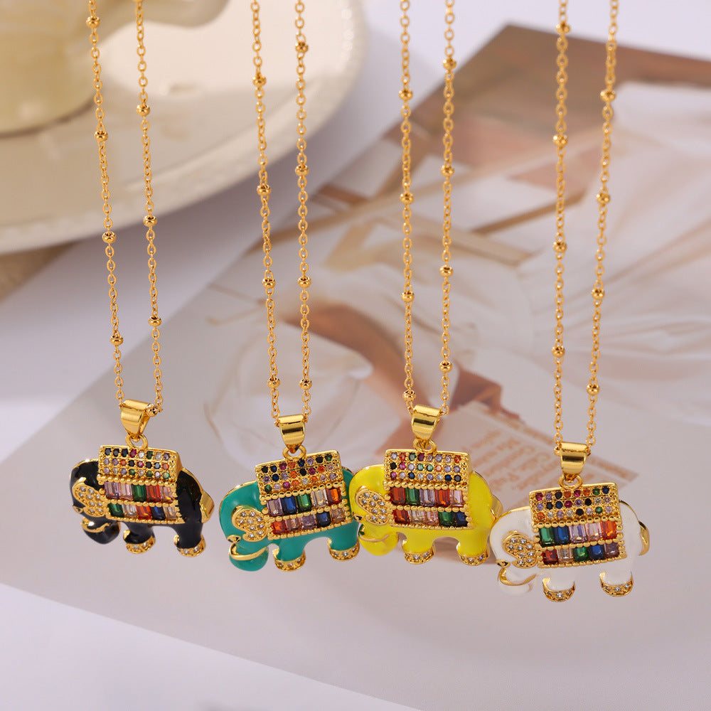 Droplet Oil Beaded Chain Elephant Pendant Necklace