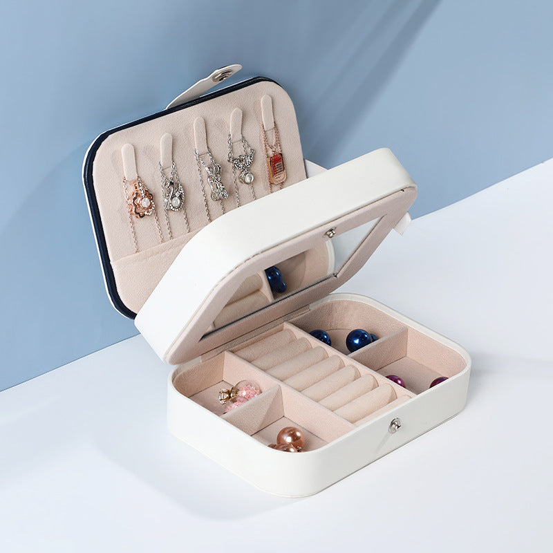 Leather Portable Double-Layer Jewelry Box with Mirror