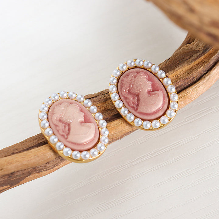 Pink Oval Portrait Pearl 18k gold Earrings