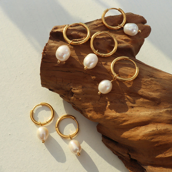 French Vintage Freshwater Pearl Hoop Gold Earrings