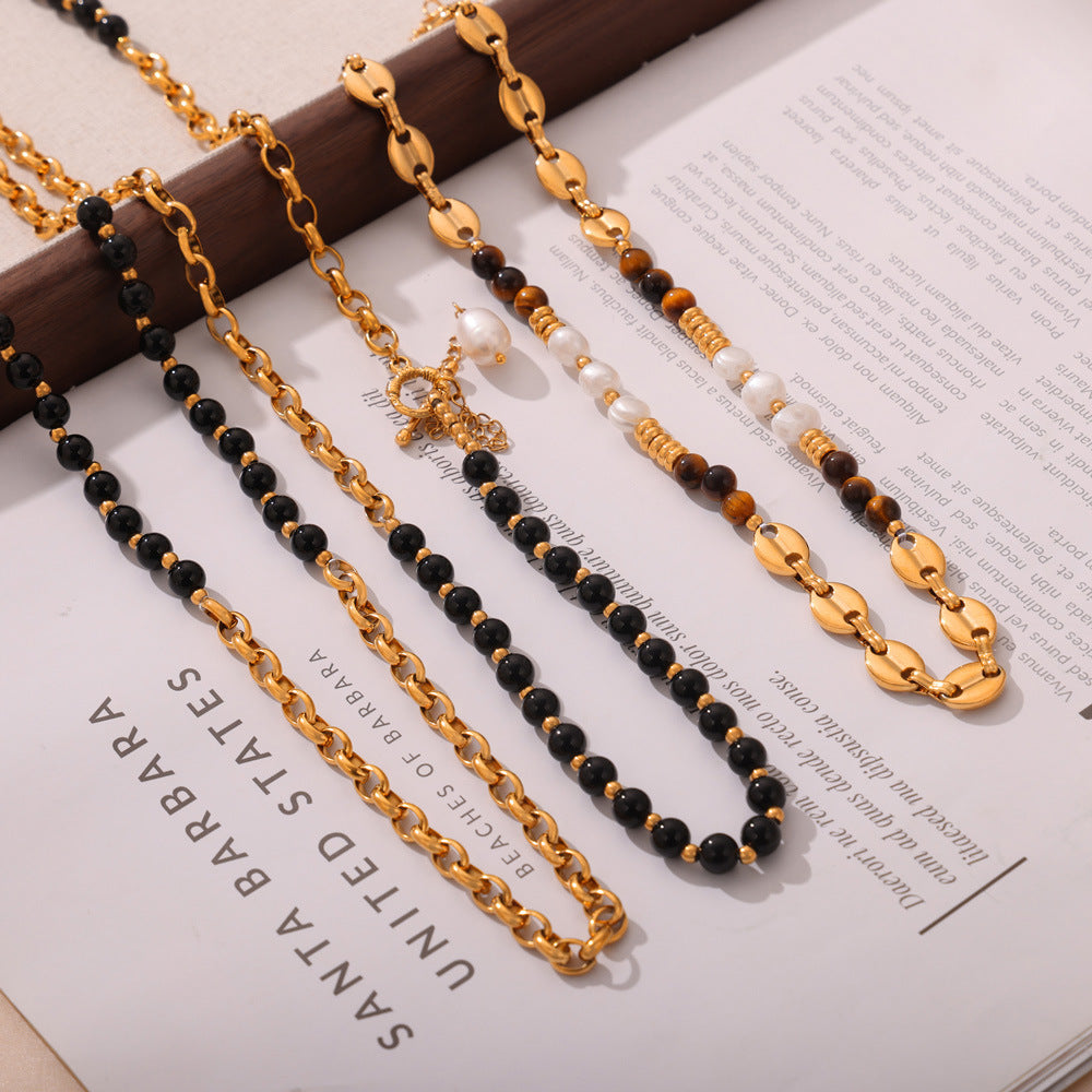 Gold Natural Tiger's Eye and Freshwater Pearl Handcrafted Beaded Necklace