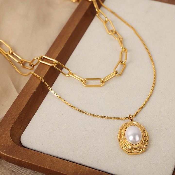 High-end vintage style pearl pendant double layer necklace