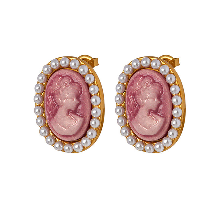 Pink Oval Portrait Pearl 18k gold Earrings