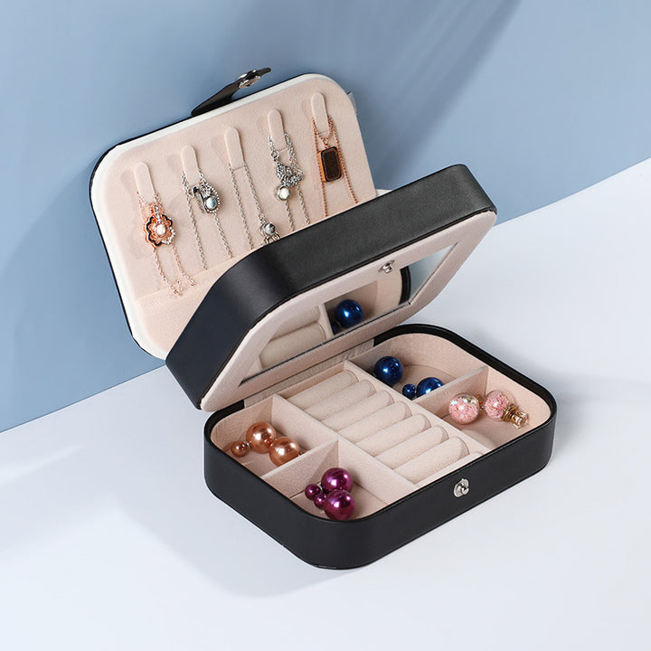 Leather Portable Double-Layer Jewelry Box with Mirror