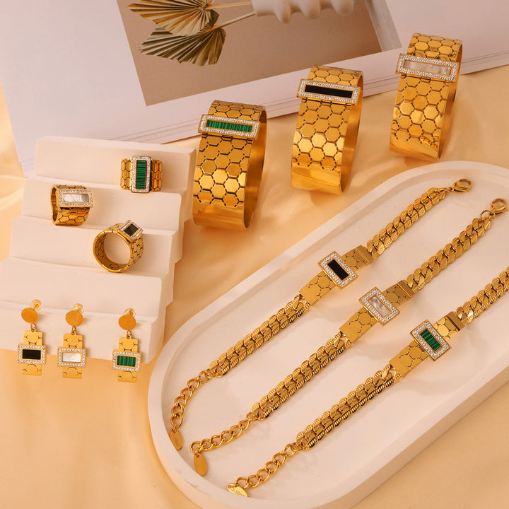 Honeycomb texture necklace bracelet earrings ring 18k gold set