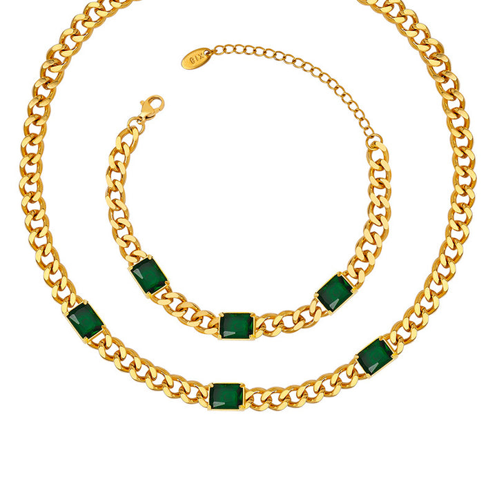 New Cuban Style Chunky Chain Diamond Inlay Necklace and Bracelet Set