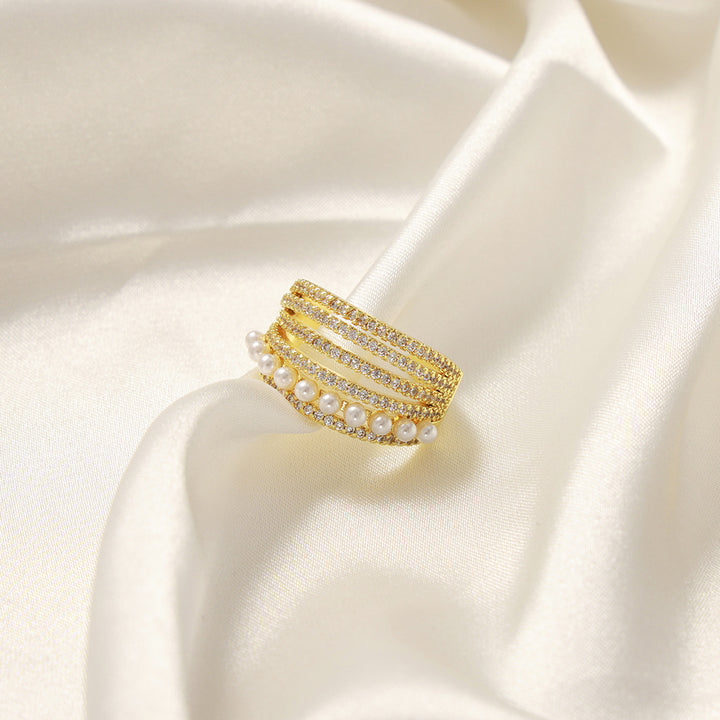 Luxury Pearl and Moissanite Multi-layered Open Ring