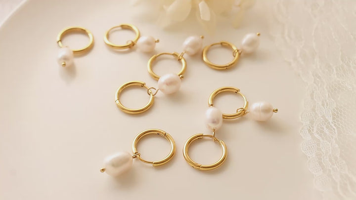 French Vintage Freshwater Pearl Hoop Gold Earrings