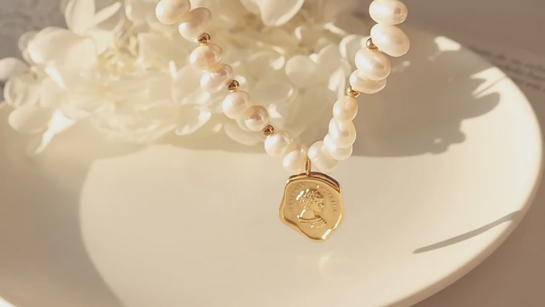 French Portrait Medallion & Freshwater Pearl Gold Necklace